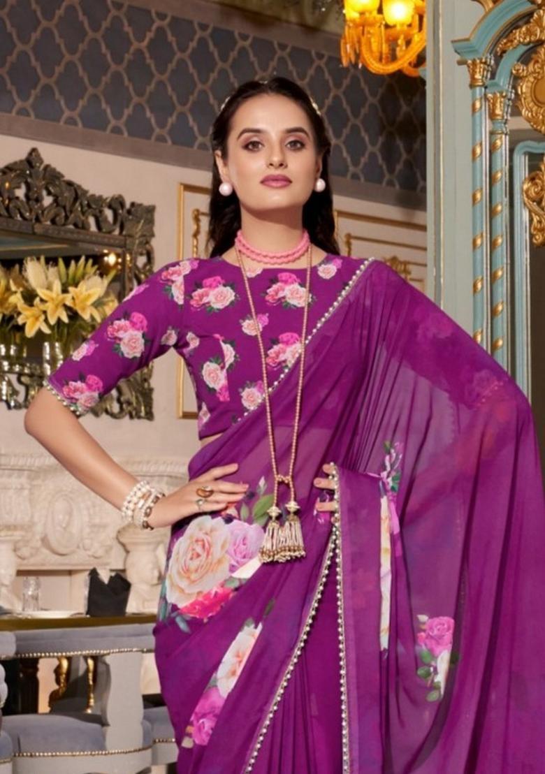 Purple Floral Print Georgette Saree Set - Indya