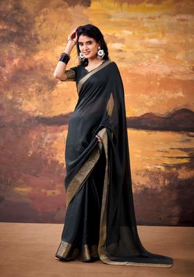 Black Zari Work Silk Saree Set