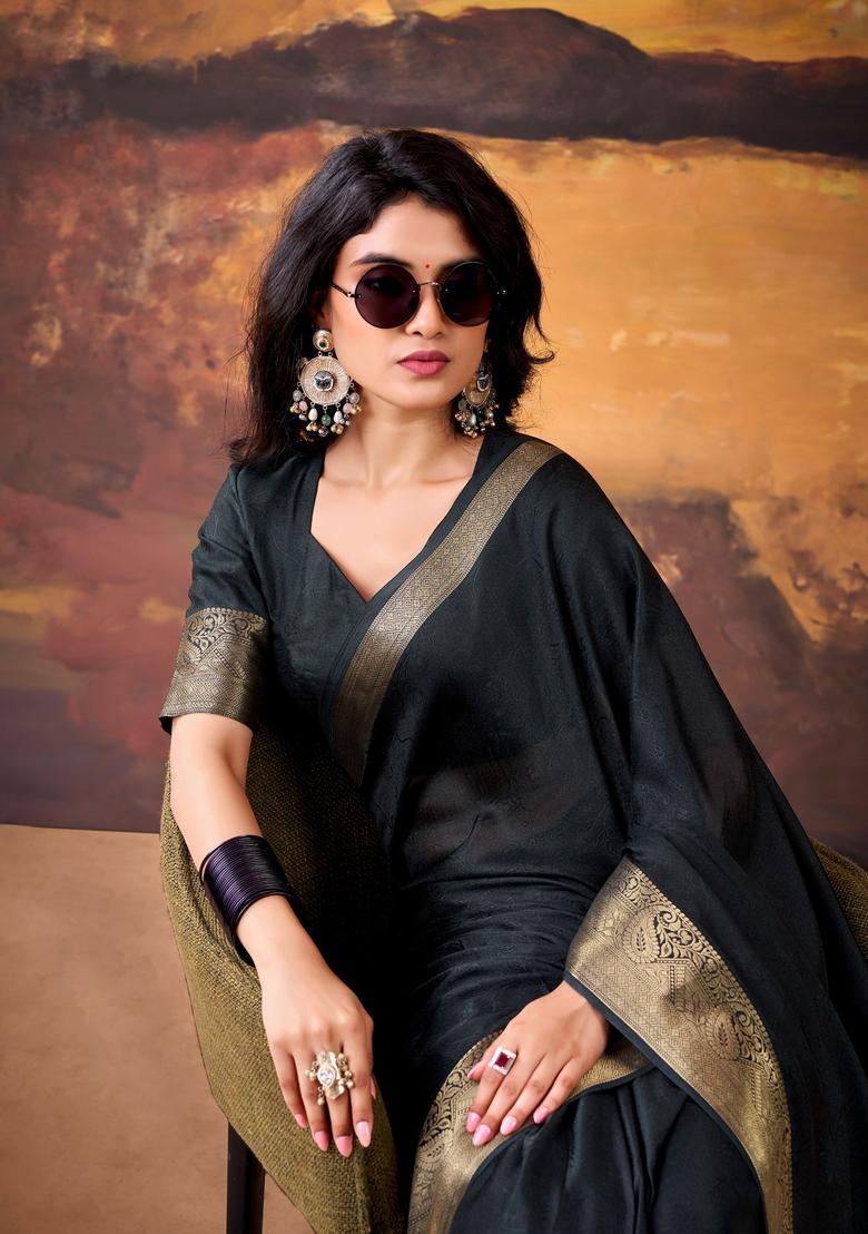 Black Zari Work Silk Saree Set - Indya