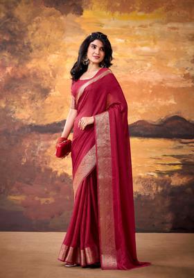 Maroon Zari Work Silk Saree Set