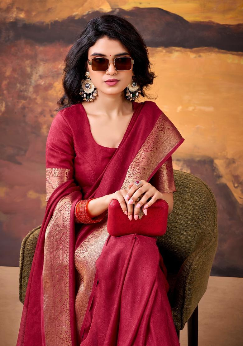 Maroon Zari Work Silk Saree Set - Indya