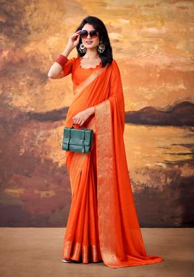 Orange Zari Work Silk Saree Set