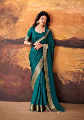 Teal Zari Work Silk Saree Set