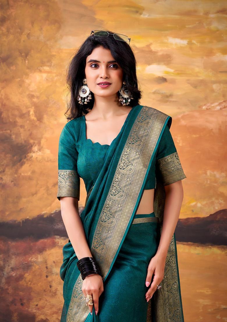 Teal Zari Work Silk Saree Set - Indya