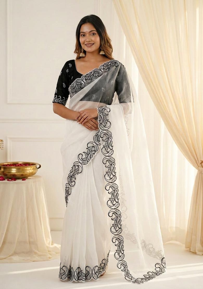 White Embroidery Silk Saree Set - Indya