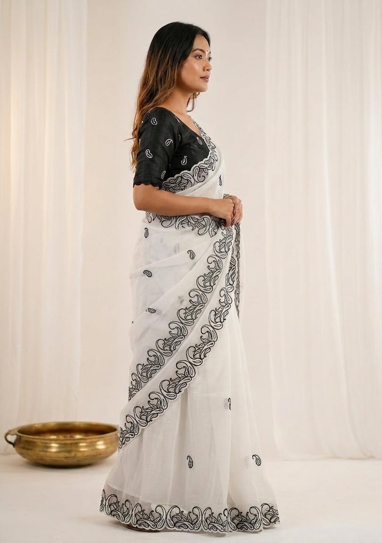 White Embroidery Silk Saree Set - Indya