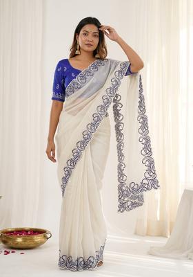 White Embroidery Silk Saree Set