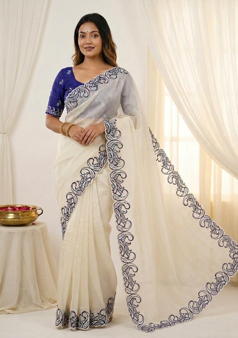 White Embroidery Silk Saree Set - Indya