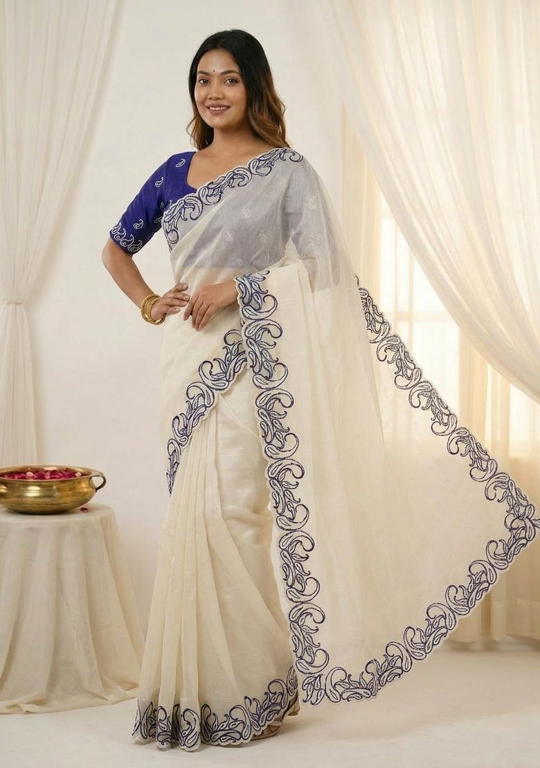 White Embroidery Silk Saree Set - Indya