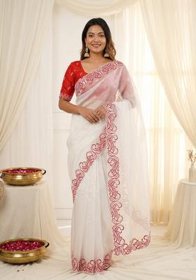 White Embroidery Silk Saree Set
