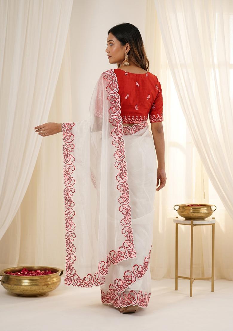White Embroidery Silk Saree Set - Indya