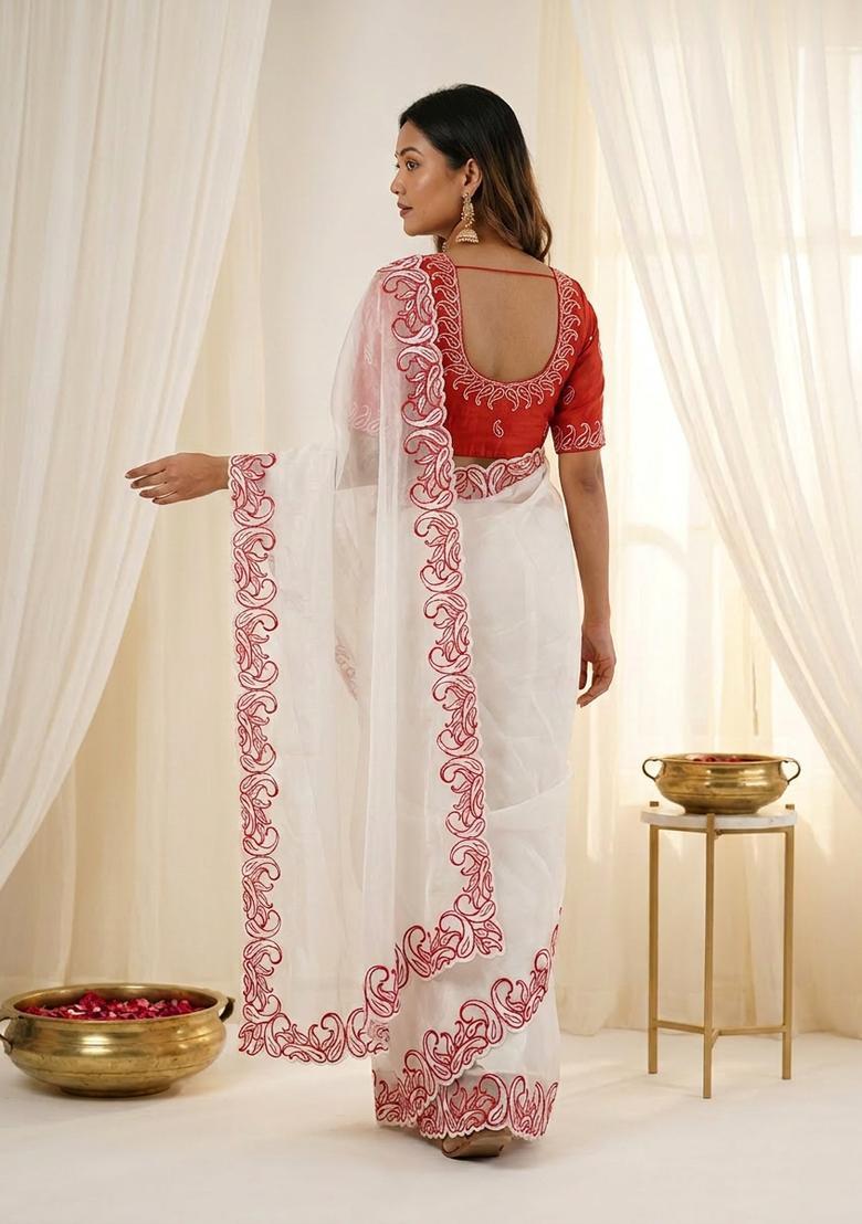 White Embroidery Silk Saree Set - Indya