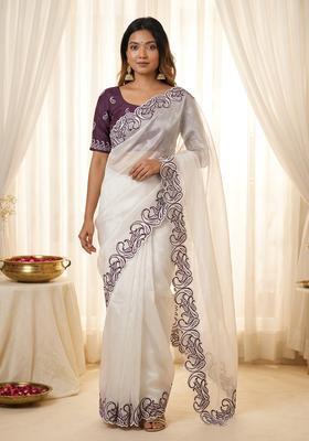 White Embroidery Silk Saree Set