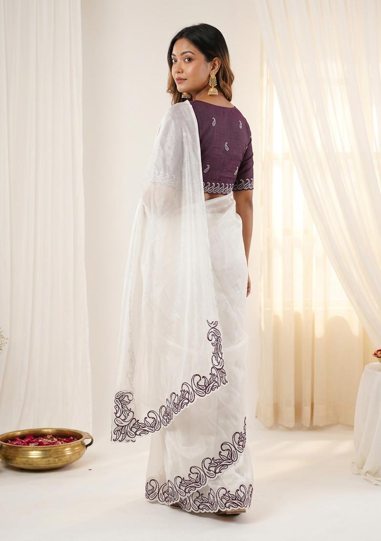 White Embroidery Silk Saree Set - Indya