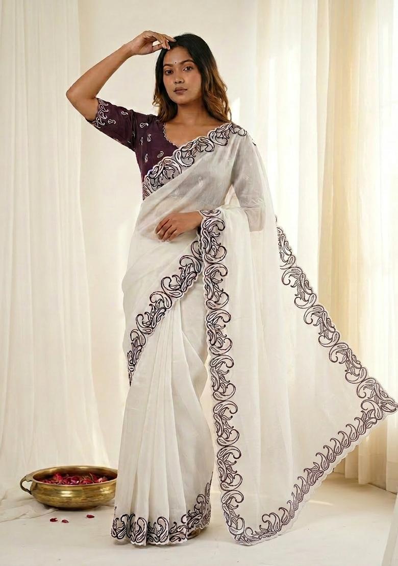 White Embroidery Silk Saree Set - Indya