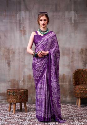 Purple Printed Silk Saree Set