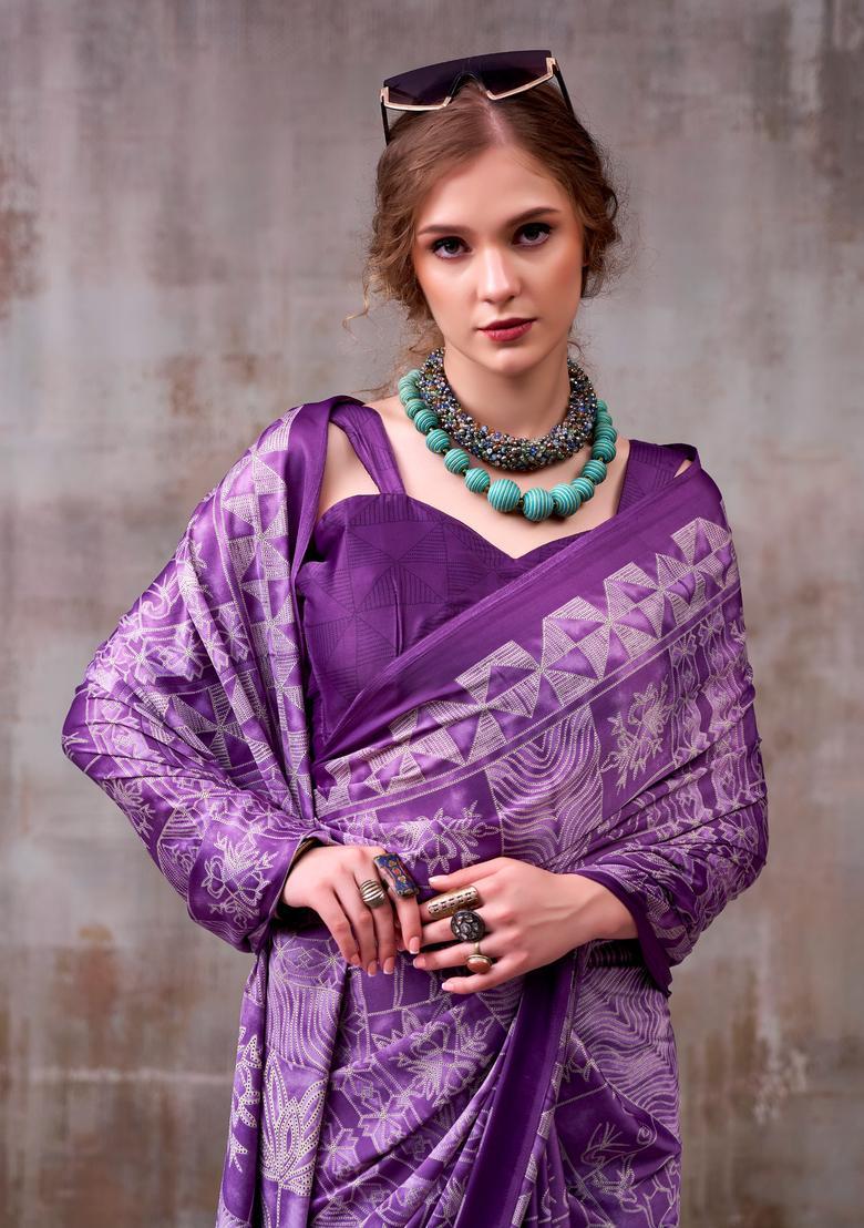 Purple Printed Silk Saree Set - Indya