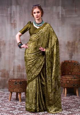 Green Printed Silk Saree Set