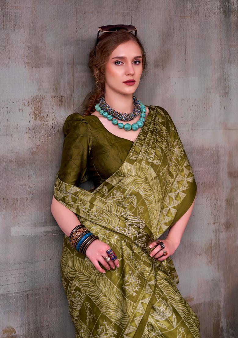 Green Printed Silk Saree Set - Indya