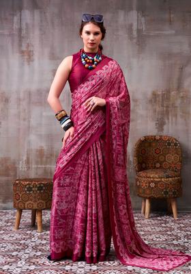 Burgundy Printed Silk Saree Set