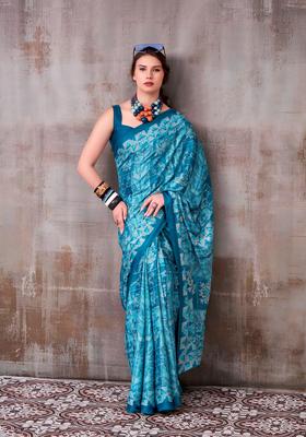 Blue Printed Silk Saree Set