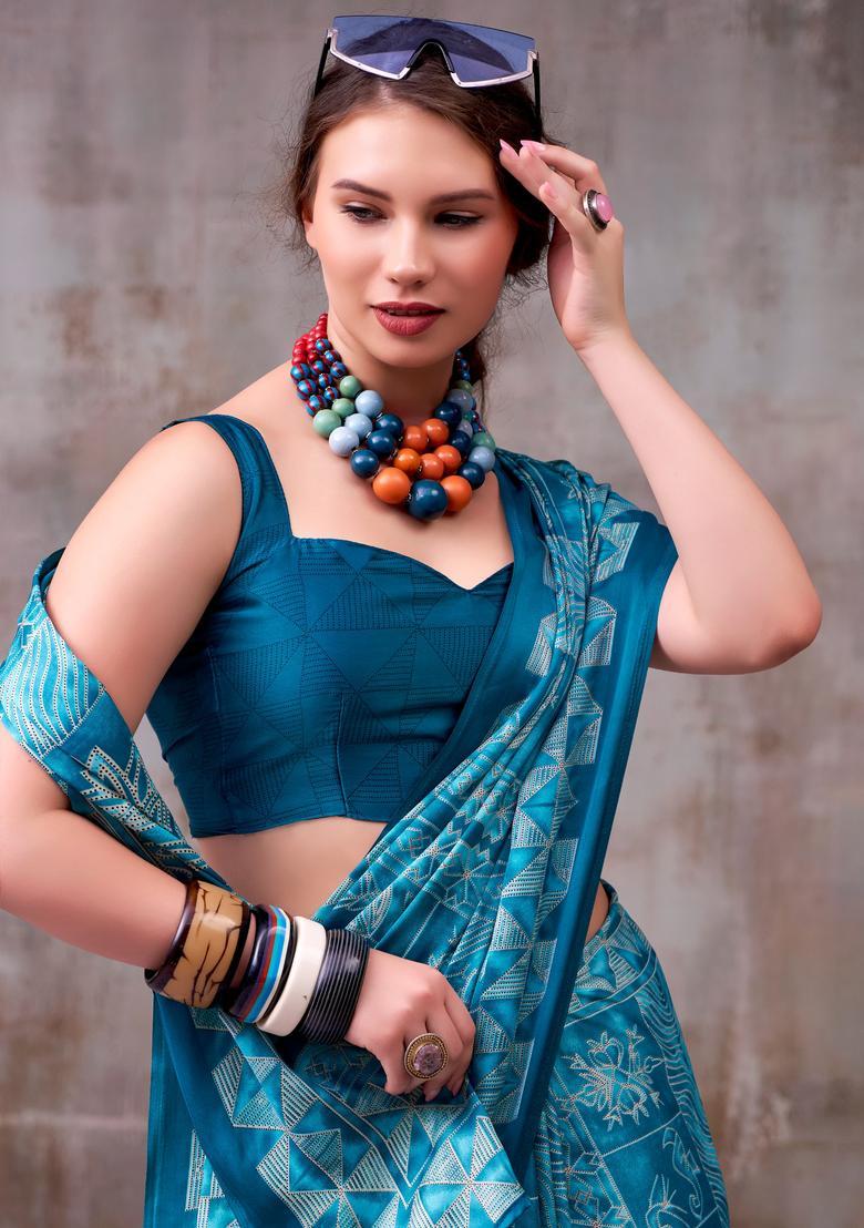 Blue Printed Silk Saree Set - Indya