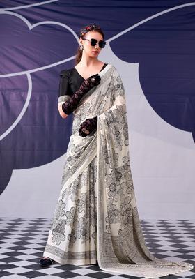 Black Printed Silk Saree Set