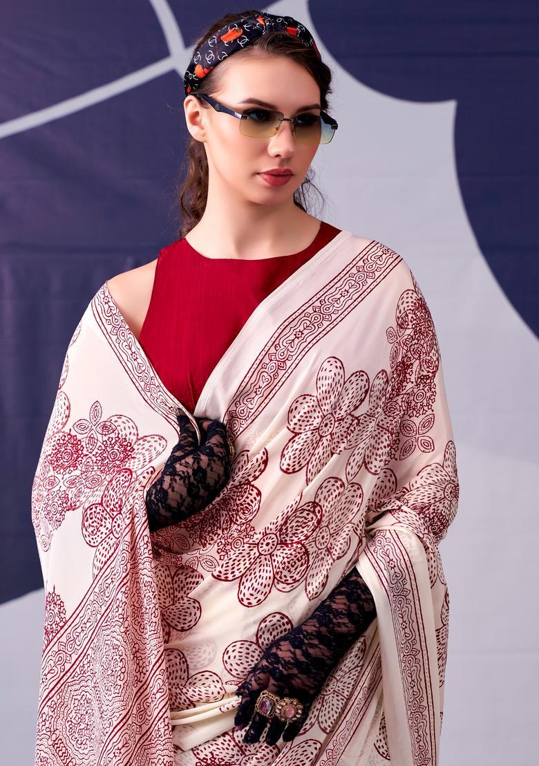 Maroon Printed Silk Saree Set - Indya