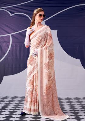 Peach Printed Silk Saree Set