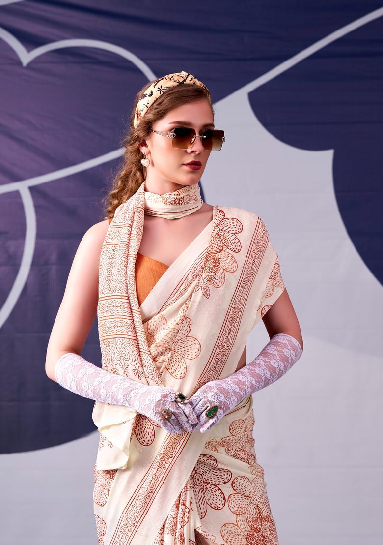 Peach Printed Silk Saree Set - Indya