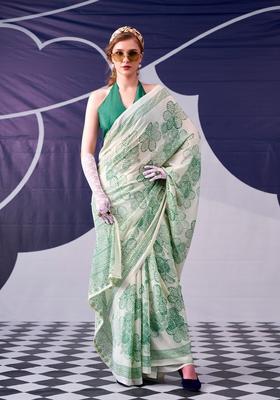 Green Printed Silk Saree Set
