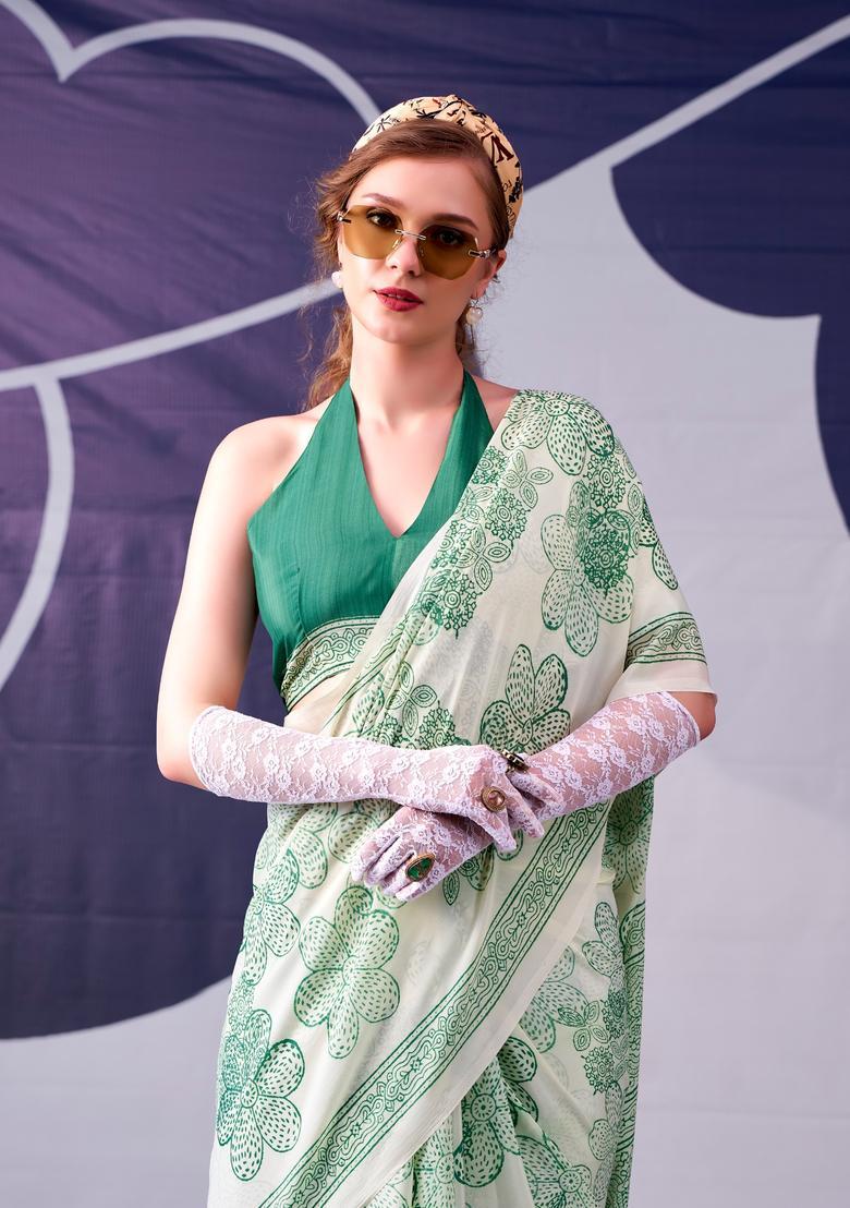 Green Printed Silk Saree Set - Indya