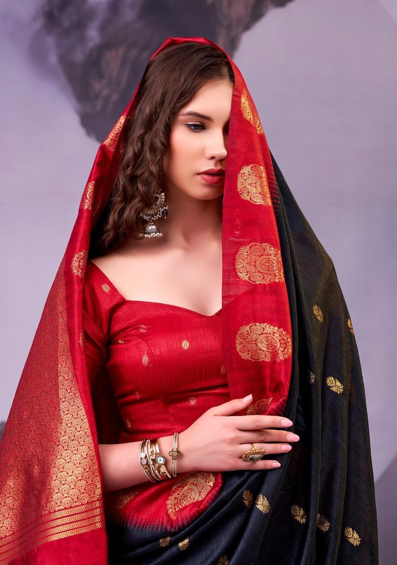 Black Zari Work Silk Saree Set - Indya