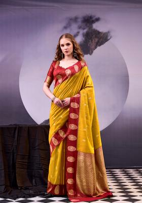 Mustard Zari Work Silk Saree Set