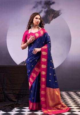 Navy Blue Zari Work Silk Saree Set