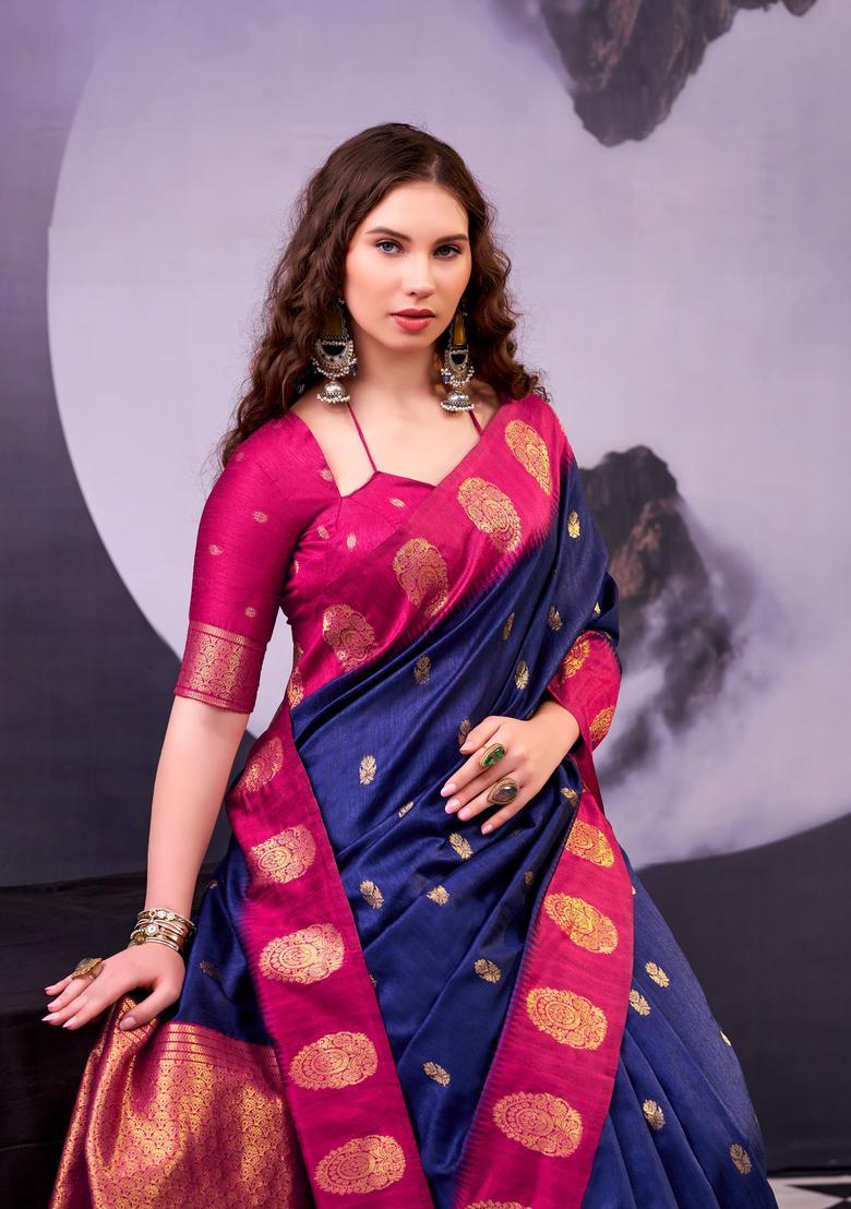 Navy Blue Zari Work Silk Saree Set - Indya