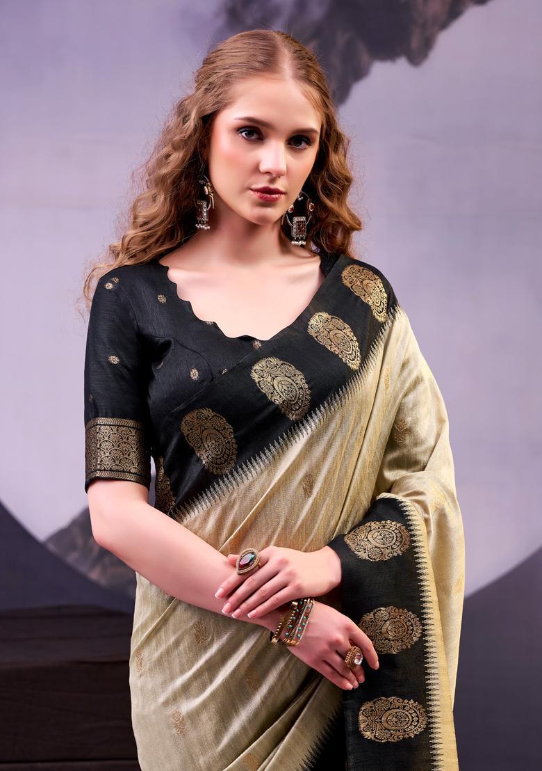 Cream Zari Work Silk Saree Set - Indya