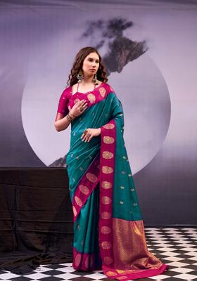 Teal Zari Work Silk Saree Set