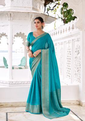 Blue Zari Work Silk Saree Set