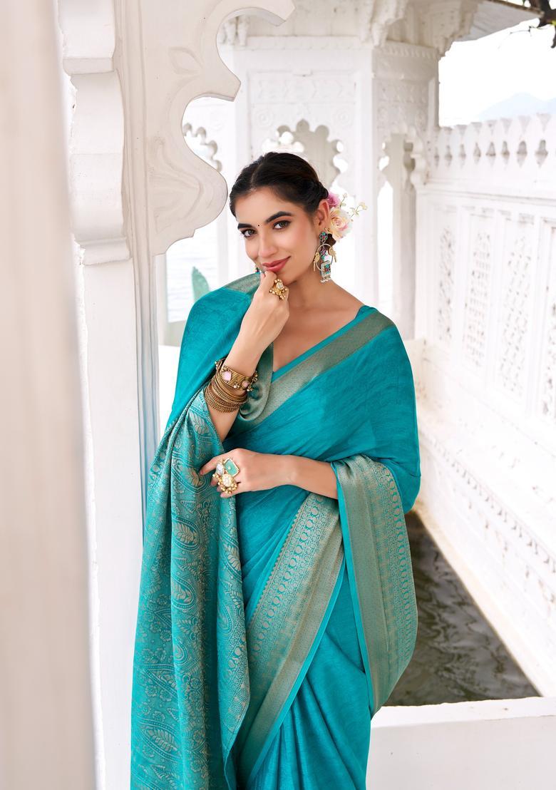 Blue Zari Work Silk Saree Set - Indya