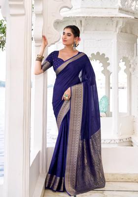 Blue Zari Work Silk Saree Set
