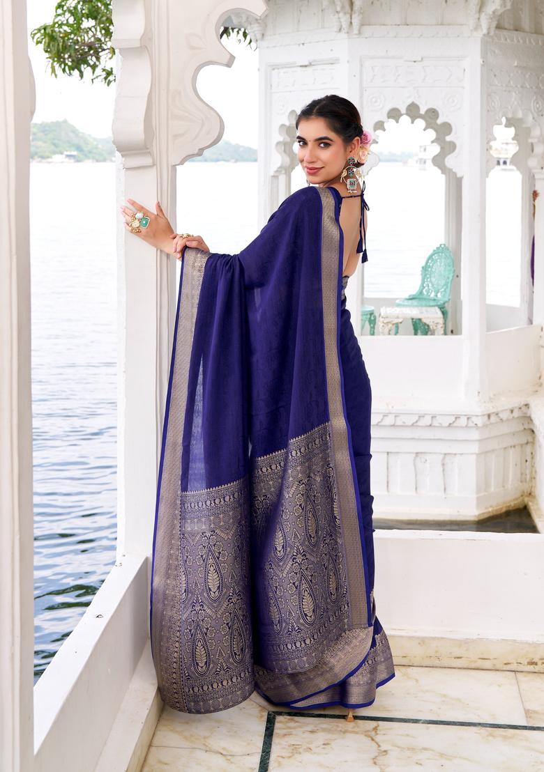Blue Zari Work Silk Saree Set - Indya