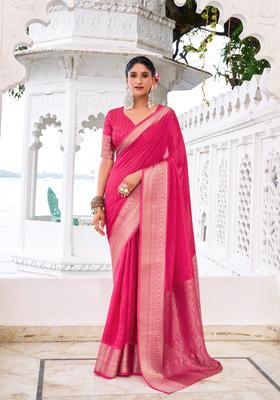 Pink Zari Work Silk Saree Set