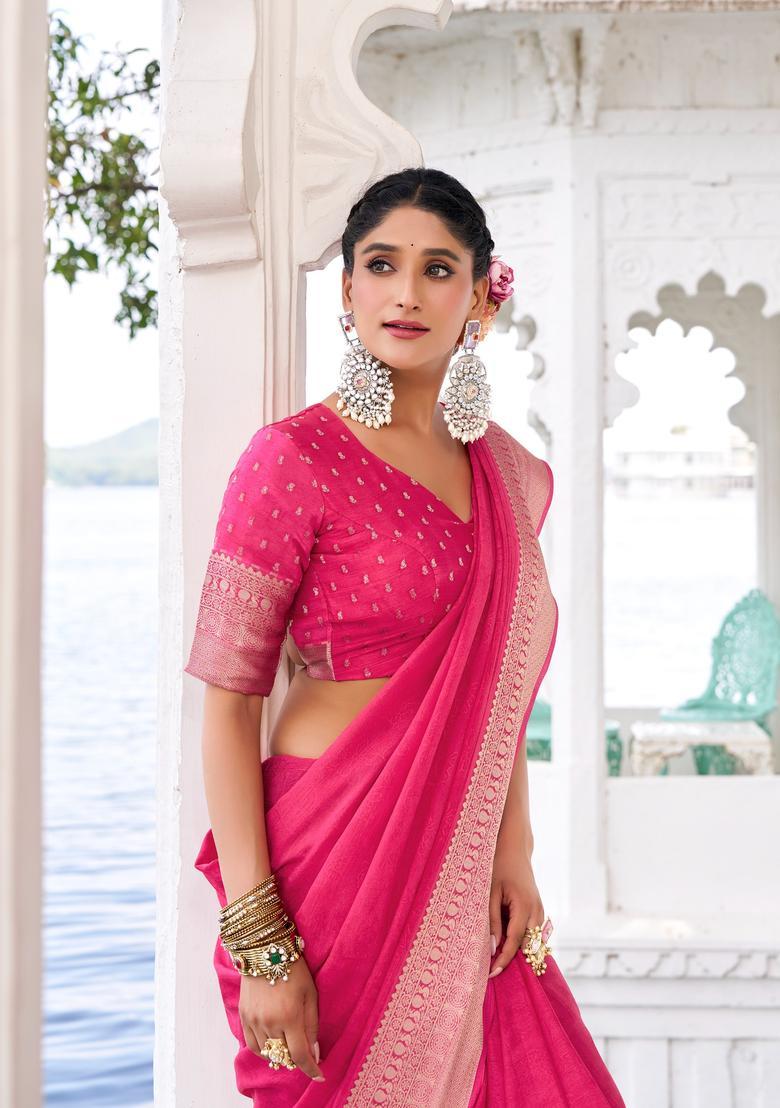 Pink Zari Work Silk Saree Set - Indya