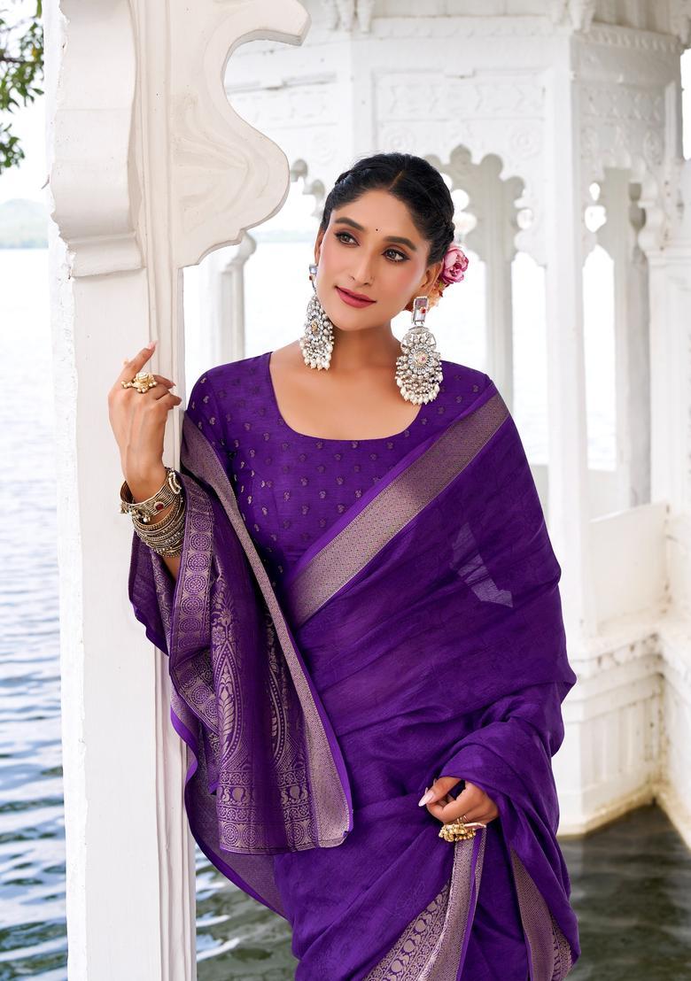 Purple Zari Work Silk Saree Set - Indya