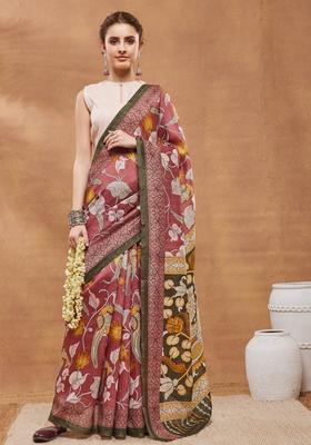 Pink Floral Print Silk Saree Set
