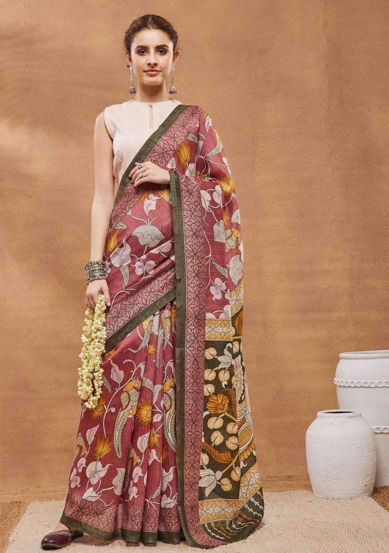 Pink Silk Saree Set with Floral Print for Diwali | Wedding & Festive Wear - Indya