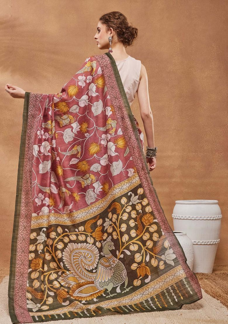 Pink Floral Print Silk Saree Set - Indya