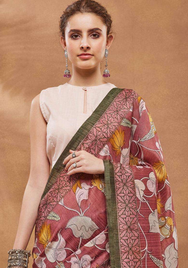 Pink Silk Saree Set with Floral Print for Diwali | Wedding & Festive Wear - Indya