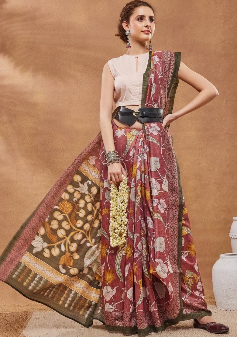 Pink Floral Print Silk Saree Set - Indya